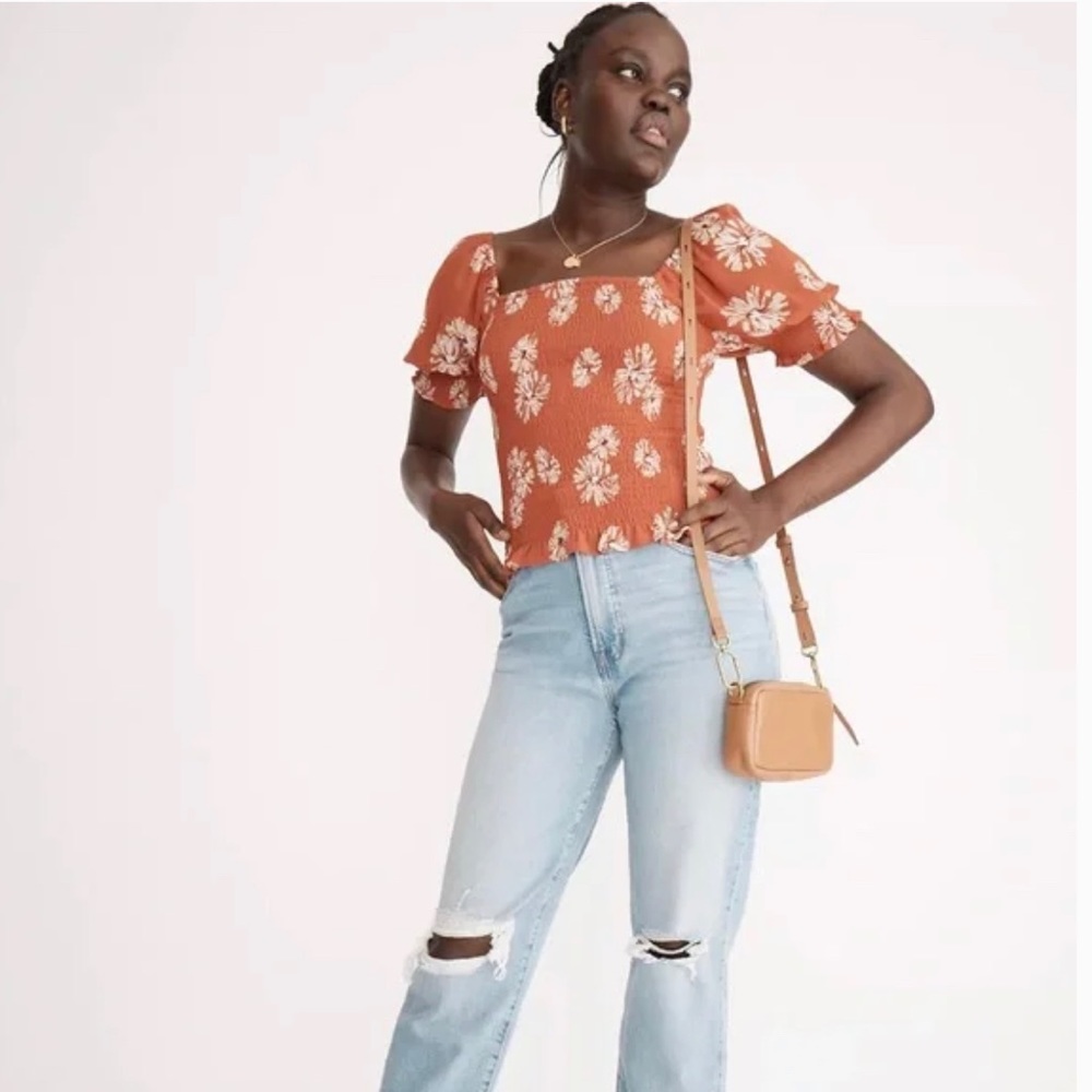 Madewell Smocked Rust Colored Floral Top